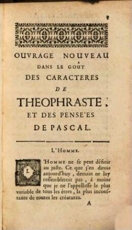Les Caracteres De Theophraste : Traduits Du Grec. Avec Les Caracteres Ou Les Moeurs De Ce Siecle Par Mr. De La Bruyere, de l'Academie Françoise. Et La Clef, En marge & Par Ordre Alphabetique, [3]. Suite Des Caracteres De Theophraste, Et Des Pensées De Mr. Pascal