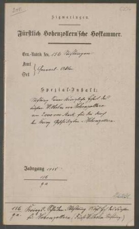 Stiftung des Fürsten Wilhelm von Hohenzollern von 2000000 Mark für die durch den Krieg Geschädigten in Hohenzollern