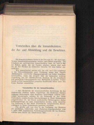 Vorschriften über die Immatrikulation, die An- und Abmeldung und die Benefizien.