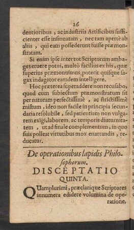 De operationibus lapidis Philosophorum. Disceptatio Quinta.