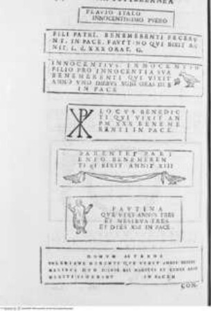 Roma sotterranea. Opera postuma di Antonio Bosio Romano, antiquario ecclesiastico singolare de' suoi tempi nella quale si tratta de' sacri cimiterii di Roma, del sito, forma, & uso antico di essi ... compita, disposta e accresciuta dal P. Giovanni Severani da S. Severino, Marmorgrabtafeln