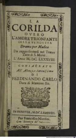 La Corilda overo l'amore trionfante della vendetta