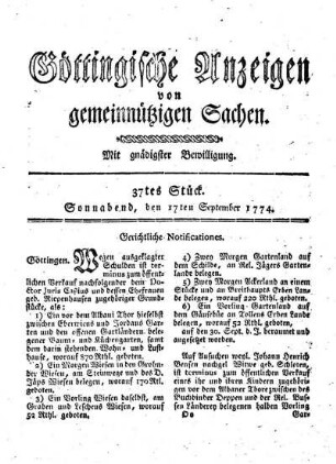 37tes Stück. Sonnabend, den 17ten September 1774.