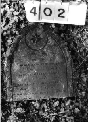 Grabstein 402 (Index: 99792060) Material: Sandstein Zustand: leicht verwittert, unterer Teil der Stele fehlt, Stele liegend Maße HxBxT: 52x44x14 cm Beschreibung: Stele, Spitzbogenabschluß, Schriftfeld eingetieft Symbolik: Blüte: Grabstein 402