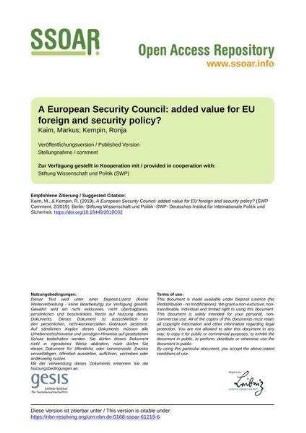 A European Security Council: added value for EU foreign and security policy?