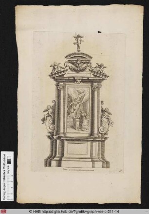 Entwurf für einen Altar nach der Architektur mit fünf Putti, die sich um die Darstellung der Verkündigung durch den Erzengel Michael gruppieren.