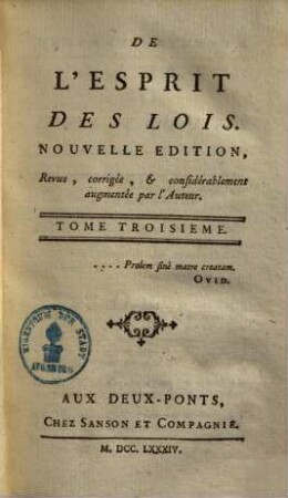 Oeuvres de Monsieur de Montesquieu, 3. De l'esprit des lois ; 3