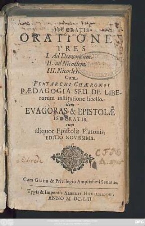 Isocratis Orationes Tres : 1. Ad Demonicum. 2. ad Nicoclem. 3. Nicocles