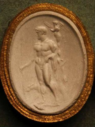 Adoni mit Jagdhund und Speer, hinter ihm schwebt Cupido (Daktyliothek, Erstes Mythologisches Tausend)