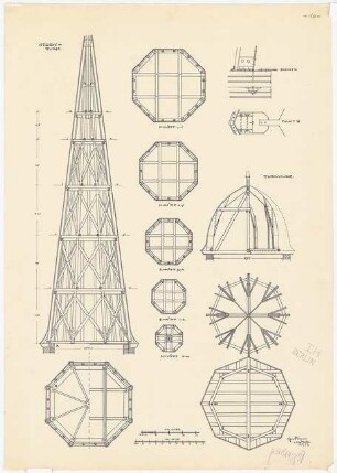 Otzen-Turm: Ansicht, Schnitte durch Turm und Turmhaube, Details 1:50, 1:10