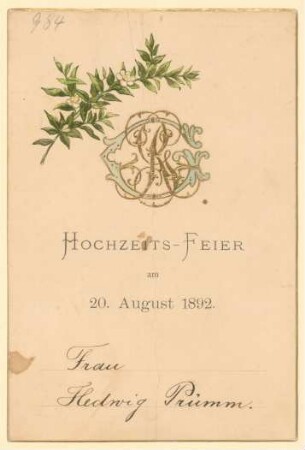 Menükarte : Hochzeitsfeier