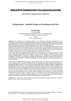 Fachsprachen - aktuelle Fragen zu Forschung und Lehre