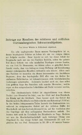 Beiträge zur Moosflora des mittleren und südlichen württembergischen Schwarzwaldgebiets