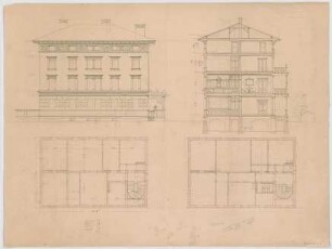 Thiersch, August ; München, Heßstr.; Privathaus - Grundrisse, Ansichten