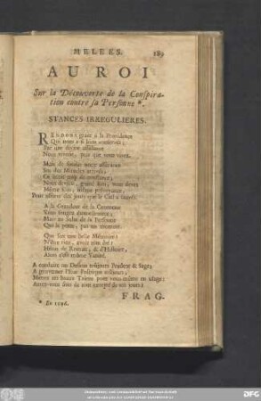 Au Roi Sur la Découverte de la Conspiration contre sa Personne. Stances Irregulieres.