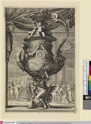 [Krug verziert mit Putti am Hals und einem Atlanten auf einem Drachen sitzend als Fuss, nach links; Vases de profil à gauche, dont le pied est formé d'un homme à califourchon sur une chimère marine]