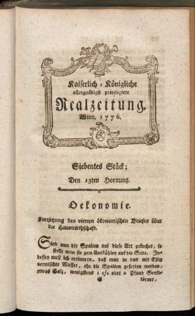 Siebentes Stück; Den 13ten Hornung. Wien, 1776.