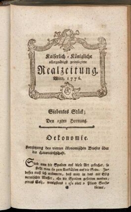 Siebentes Stück; Den 13ten Hornung. Wien, 1776.