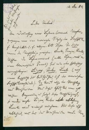 Brief vom 14. Dezember 1884