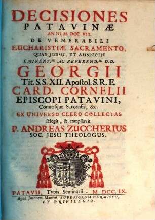 Decisiones Patavinae, 1708 de venerabili eucharistiae sacramento