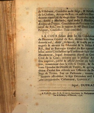 Arrest De La Cour De Parlement, A l'occasion d'un Mandement de M. l'Evêque de Troyes, contre les Officiers du Baillage de Troyes : Du 7 Décembre 1756.
