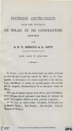 Sér. 2: Excursions archéologiques dans les environs de Milah et de Constantine (1878-1879), [1]