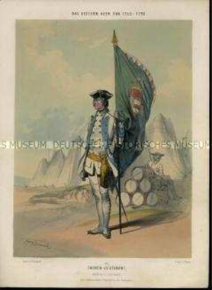 Uniformdarstellung, Fahnen-Leutnant mit Fahne, Österreich, 1750/1790. Tafel 43 aus: Gerasch: Das Oesterreichische Heer.