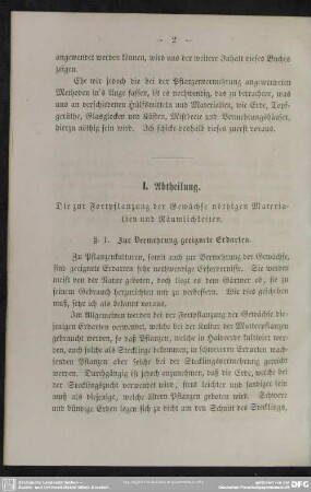 I. Abtheilung. Die zur Fortpflanzung der Gewächse nöthigen Materialien und Räumlichkeiten