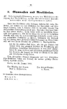 Uebergangsbestimmung der Militärberechtigung der Realschüler, welche am lateinischen Sprachunterricht nicht theilgenommen haben : [II. Gymnasien und Realschulen]