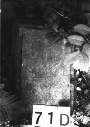 Grabstein 71 (Index: 100084973) Maße HxBxT: 118x60x25 cm Beschreibung: Stele, Schriftplatten mit eingezogenem Rundbogenabschluß Symbolik: Beschneidungsbesteck: Grabstein 71D