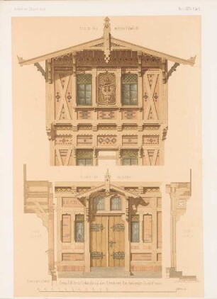 Chaussee-Zollhaus an der Hirschberg-Reichenberger Kunststraße in Schlesien: Ansicht nordöstlicher Giebel, Ansicht Haupttür (aus: Architektonisches Skizzenbuch, H. 34, 1858)