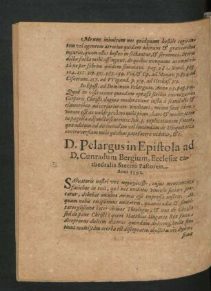 D. Pelargus in Epistola ad D. Cunradum Bergium, Ecclesiae cathedralis stetini Pastorem, Anni 1591.