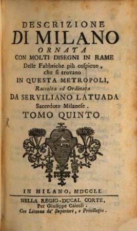 Descrizione di Milano : ornata con molti disegni in rame delle fabbriche più cospicue, che si trovano In Questa Metropoli, 5