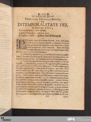 Disputatio Theologiae Biblicae, De Intemporalitate Dei.