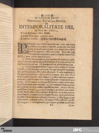 Disputatio Theologiae Biblicae, De Intemporalitate Dei.