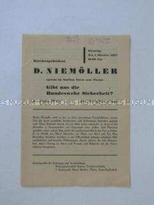 Einladung zu einer Diskussionsveranstaltung mit Kirchenpräsident Niemöller über die Rolle der Bundeswehr