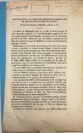 Note relative à la nouvelle édition du commentaire de proclus sur le timée de Platon
