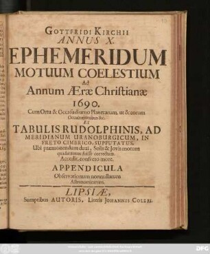 10: Accedit, consueto more, Appendicula Observationum nonnullarum Astronomicarum