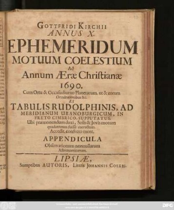 10: Accedit, consueto more, Appendicula Observationum nonnullarum Astronomicarum