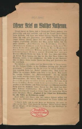 Offener Brief an Walther Rathenau : [geschrieben Dezember 1918]