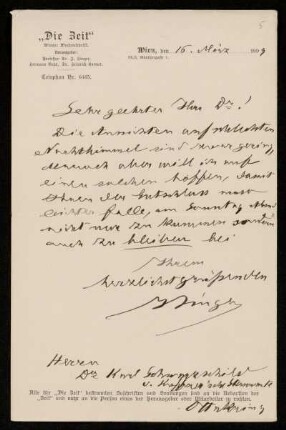 Nr. 5 Brief von Isidor Singer an Karl Schwarzschild. Wien, 16.3.1899