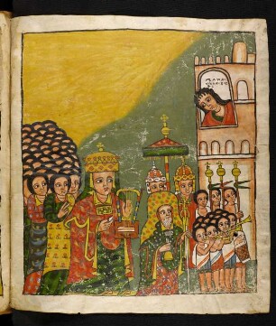 Illustration: f. 7r: David bei der Einholung der Lade nach Jerusalem spielend, Mikhal aus dem Fenster zuschauend