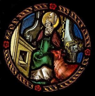 Hl. Ambrosius mit dem Symbol des Evangelisten Lukas, dem Stier
