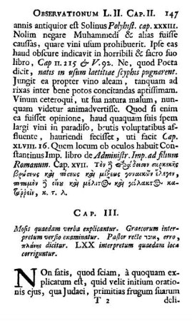 Cap. III. Mosis quaedam verba explicantur. Graecorum interpretum versio examinatur. Pastor recte אונד, erro, πλάνης dicitur. LXX interpretum quaedam loca corriguntur.