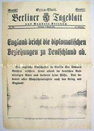 Extra-Blatt des "Berliner Tageblatt" zum Abbruch der diplomatischen Beziehungen zu Großbritannien