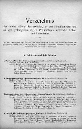 Verzeichnis der an den höheren Staatsschulen, an den halböffentlichen und an den prüfungsberechtigten Privatschulen wirkenden Lehrer und Lehrerinnen.