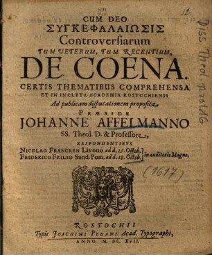 Synkephalaiōsis Controversiarum Tum Veterum, Tum Recentium, De Coena