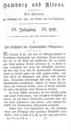 I. Zur Geschichte des Hamburgischen Münzwesens.