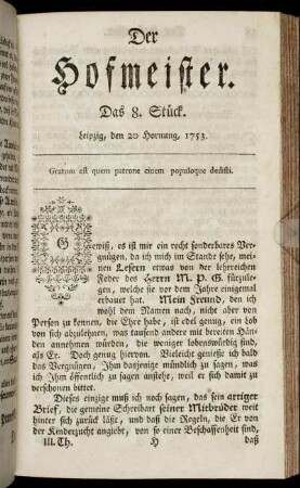 Das 8. Stück. Leipzig, den 20 Hornung 1753.