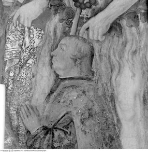 Szenen aus dem Marienleben, Mittleres Bildfeld: Thronende Madonna mit Kind und den heiligen Onuphrius, Hieronymus, Johannes dem Täufer, Katharina von Alexandrien und dem Stifter Bernardino De Cupis